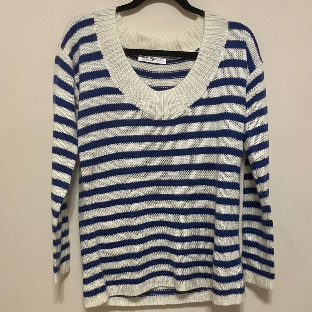 Say What Blue and White Striped Crew Neck Sweater